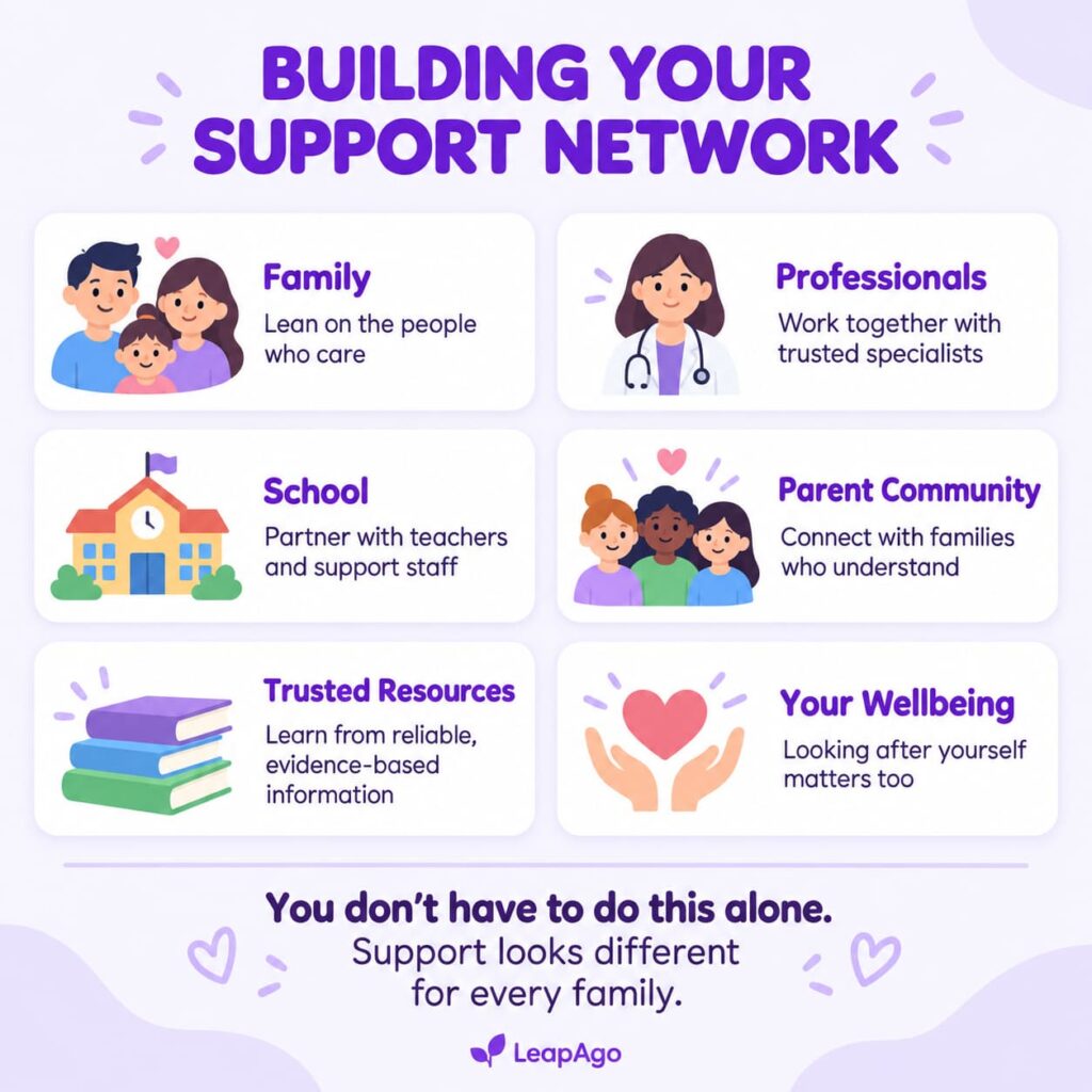 Infographic showing the different sources of support for parents raising an autistic child, including family, professionals, schools, other parents, trusted resources, and personal wellbeing.