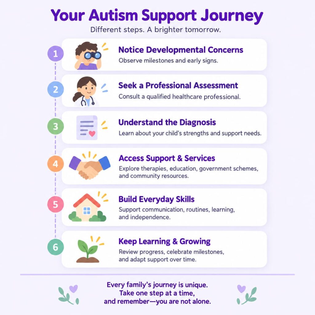 Infographic illustrating the typical autism support journey, from recognising developmental concerns and seeking an assessment to accessing support services, building daily routines, and continuing lifelong learning.